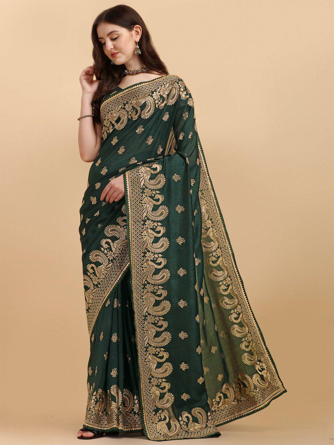 mitera olive green & gold-toned ethnic motifs embroidered saree