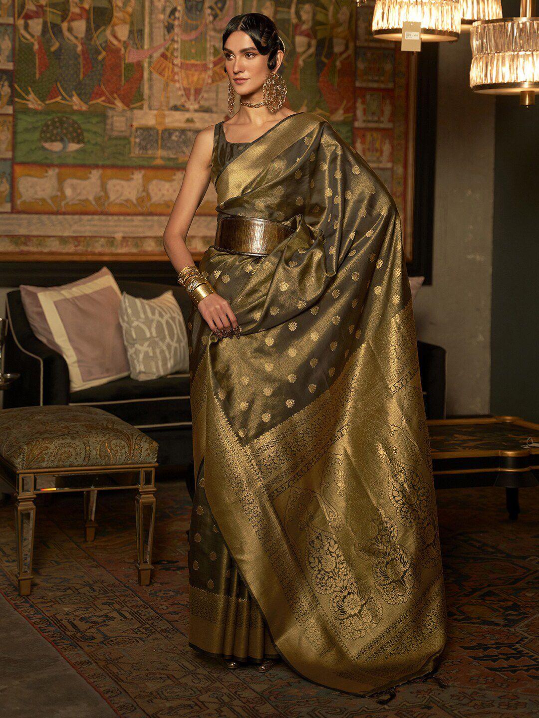 mitera olive green & gold-toned ethnic motifs zari bagru saree