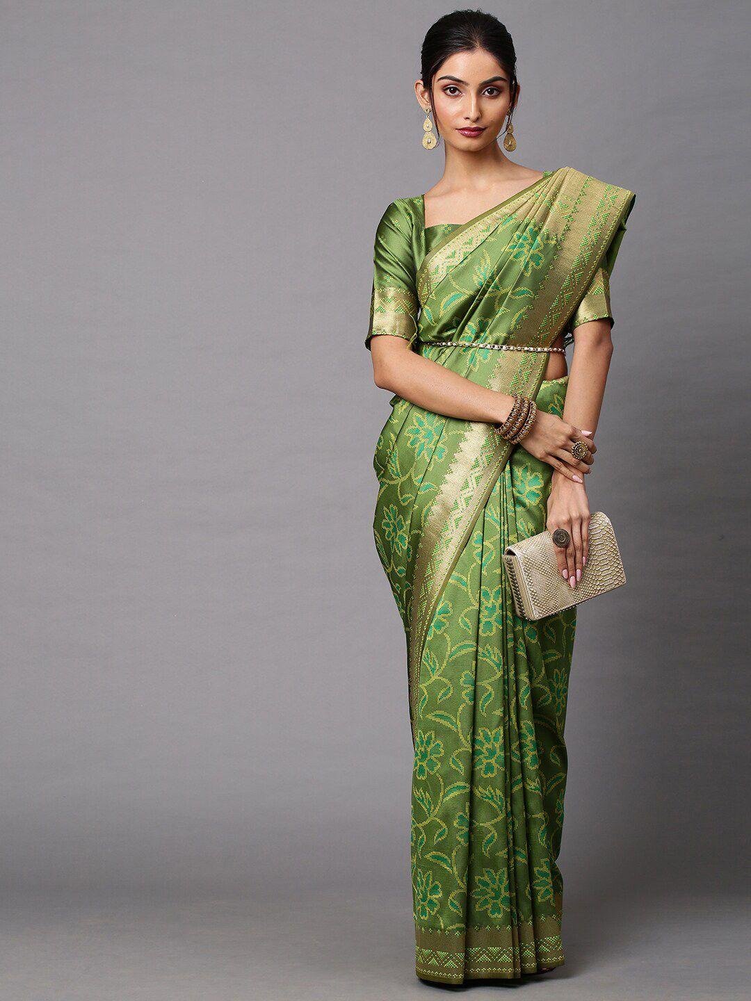 mitera olive green & gold-toned floral zari silk cotton banarasi saree