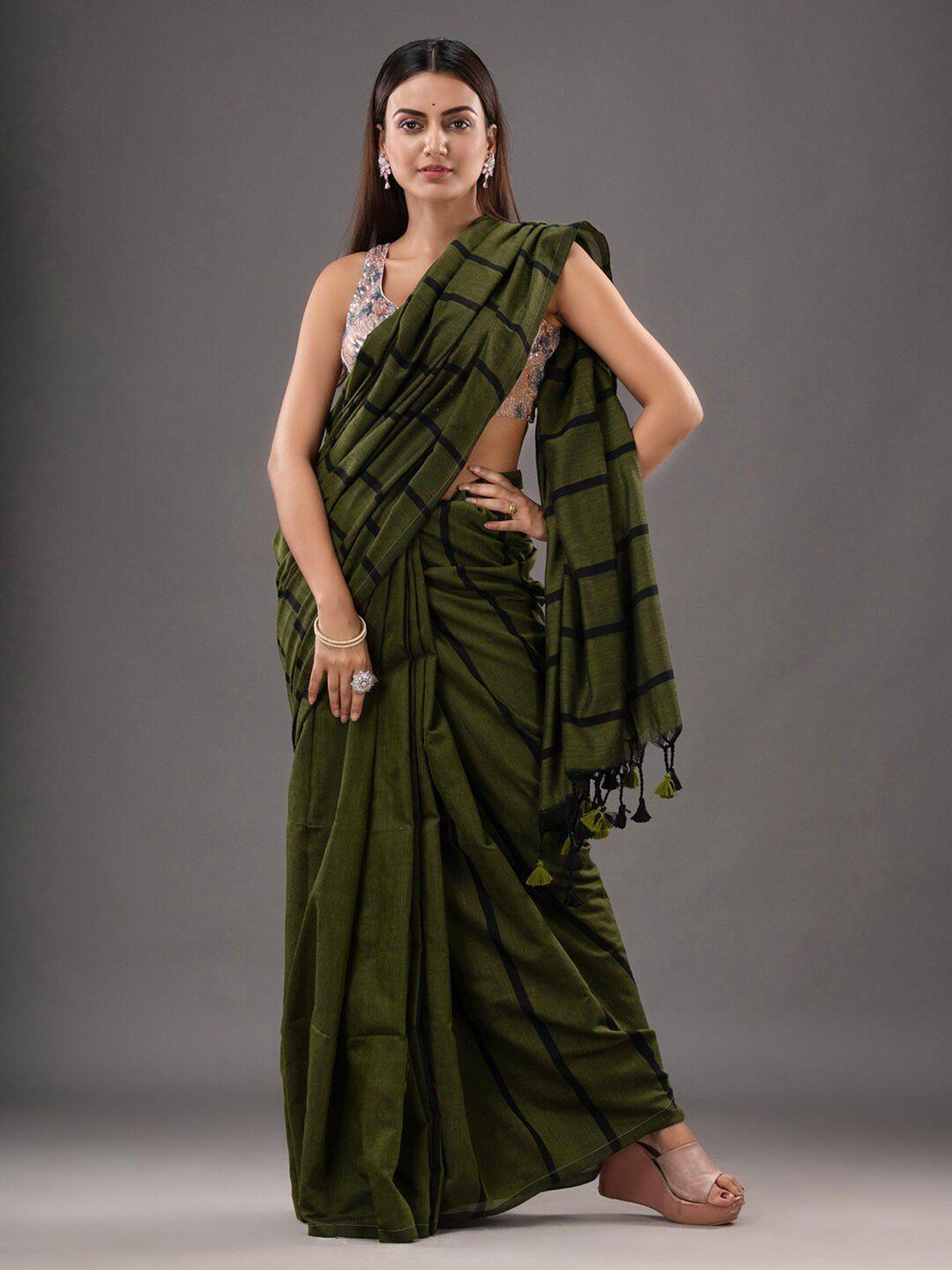 mitera olive green & gold-toned striped pure cotton saree