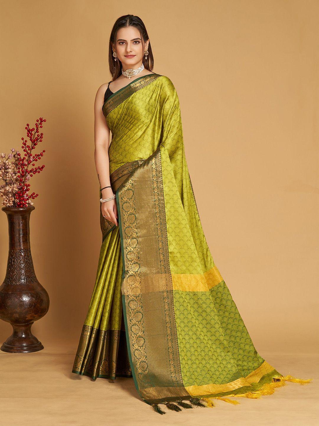 mitera olive green & gold-toned woven design zari silk cotton banarasi saree