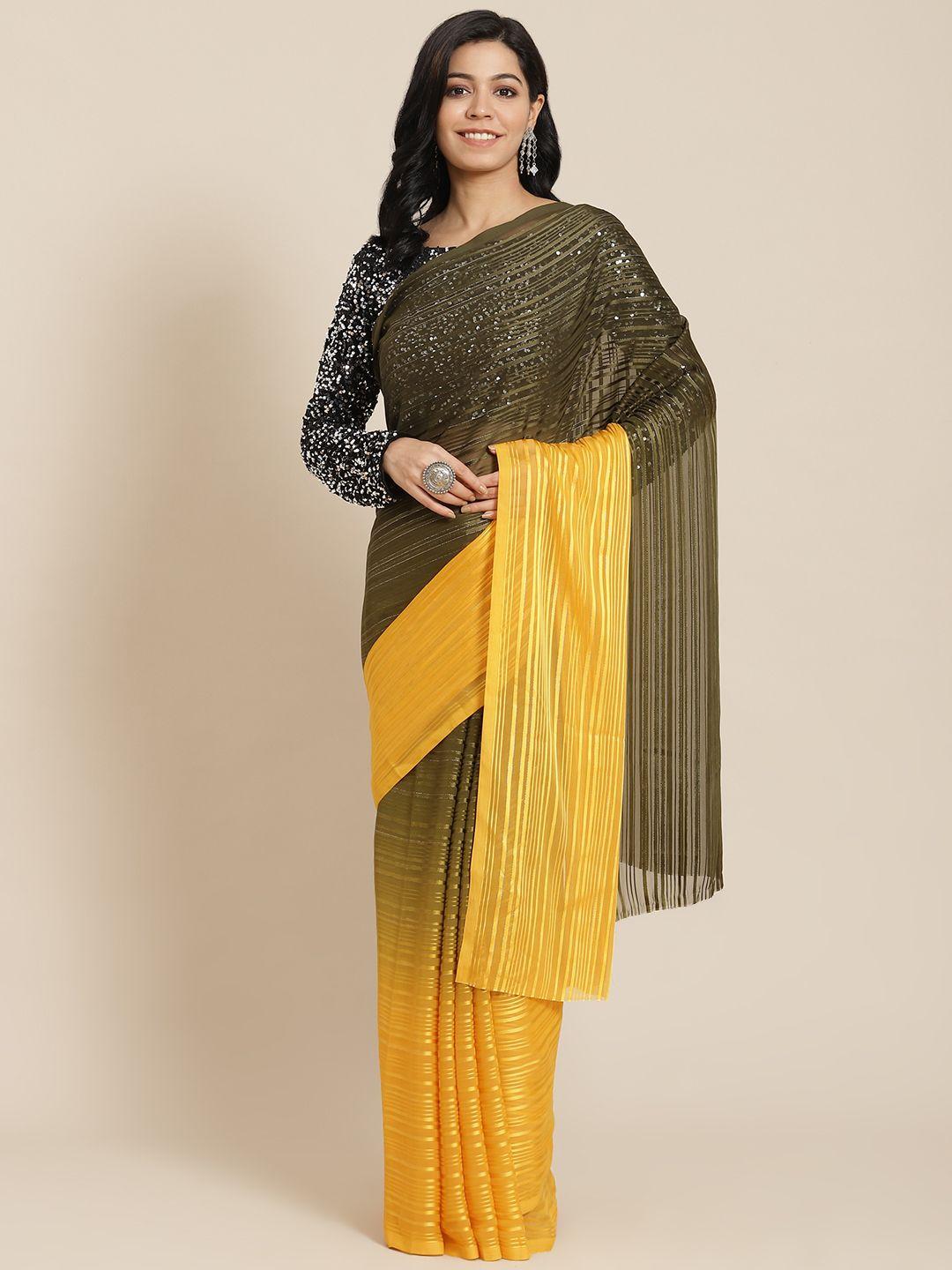 mitera olive green & mustard yellow self-striped ombre dyed zardozi satin saree