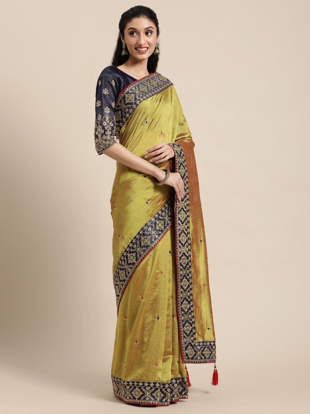 mitera olive green & navy blue ethnic motifs embroidered silk blend heavy work saree