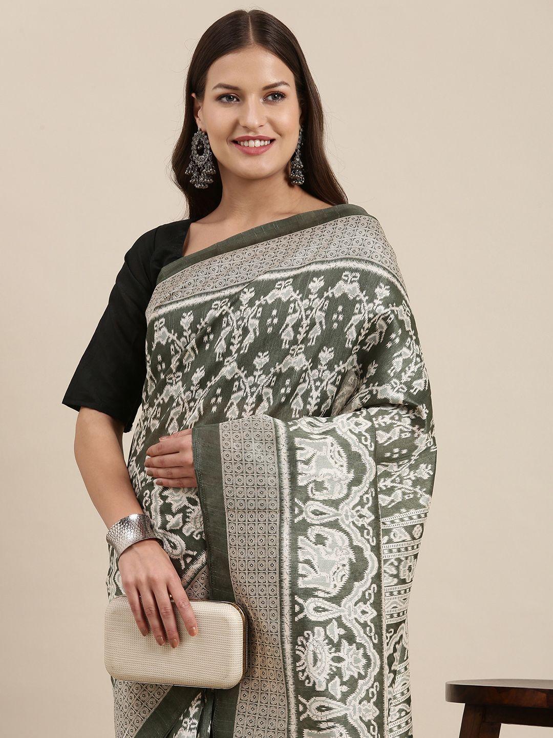 mitera olive green & off white abstract print bhagalpuri art silk ikat saree