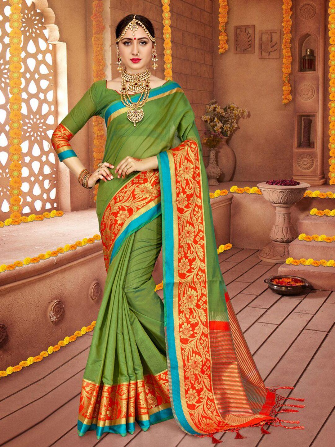 mitera olive green & orange zari pure cotton saree