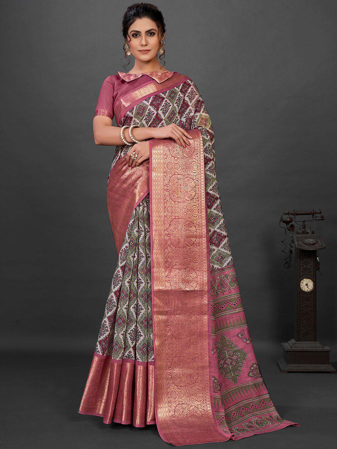 mitera olive green & pink ethnic motifs printed zari sungudi saree