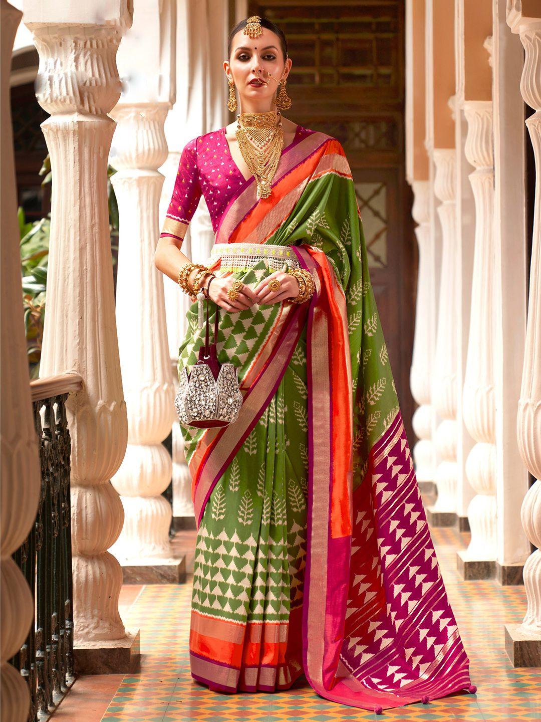 mitera olive green & pink geometric printed zari detailed saree