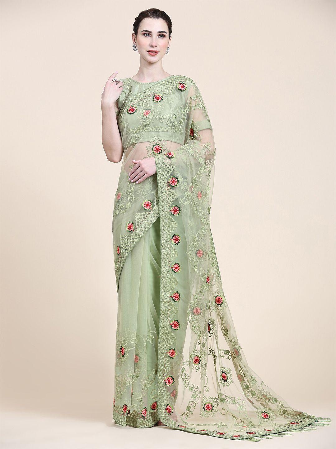 mitera olive green & red floral embroidered net saree