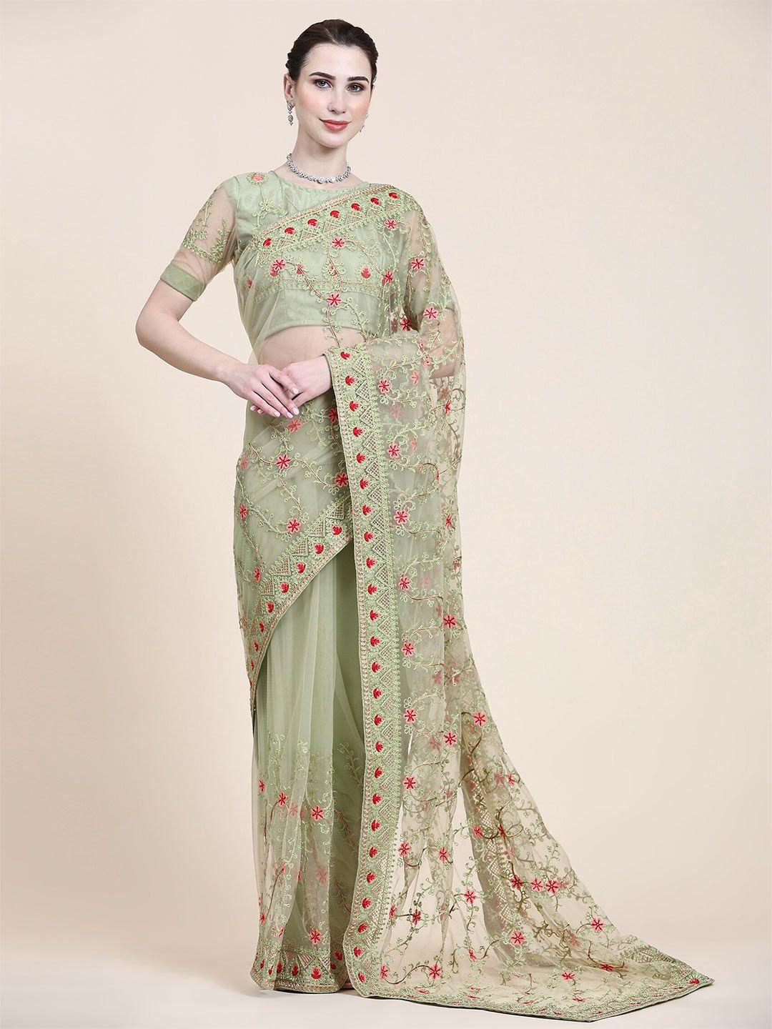 mitera olive green & red floral embroidered net saree