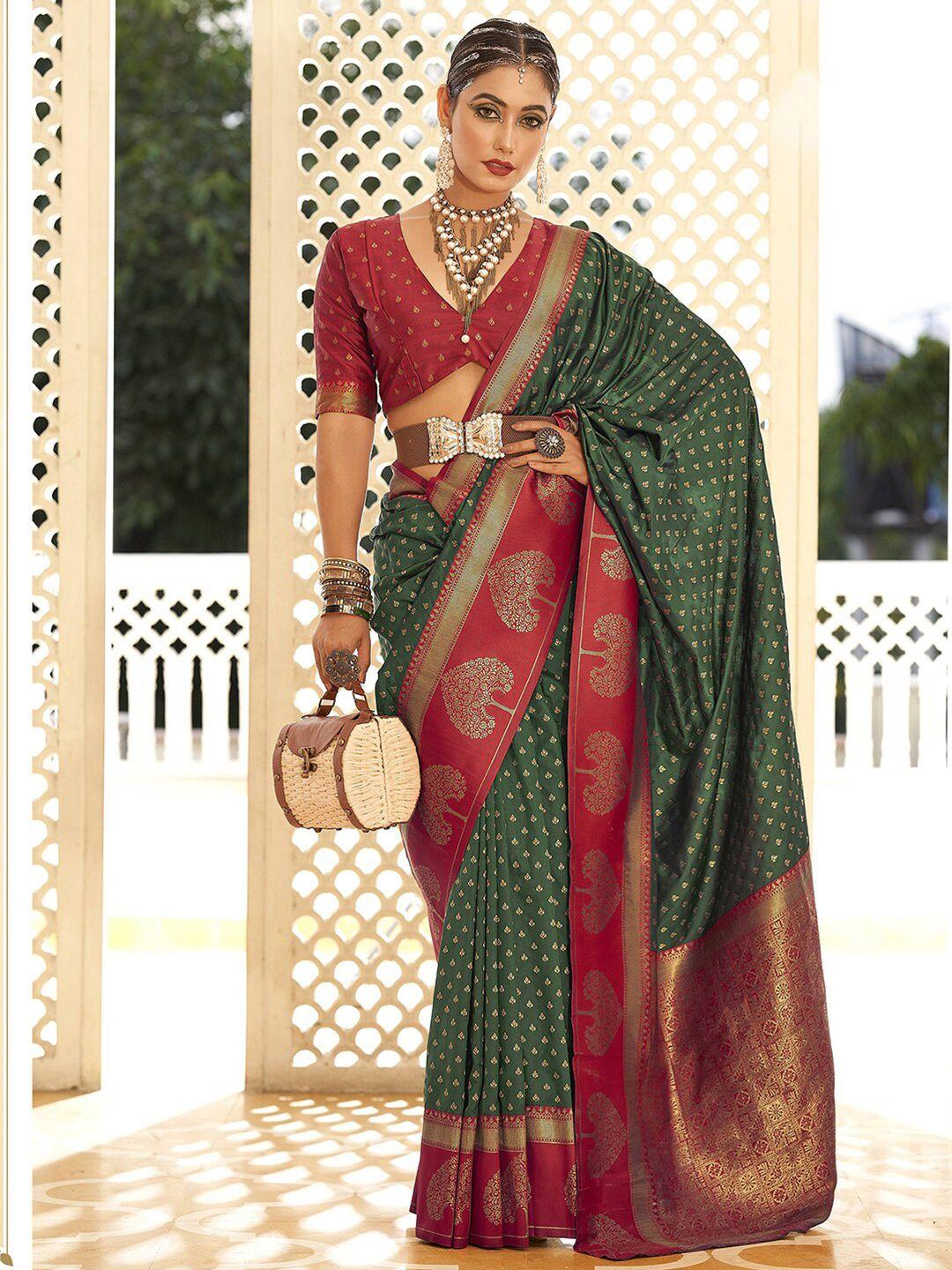 mitera olive green & red woven design zari art silk banarasi saree