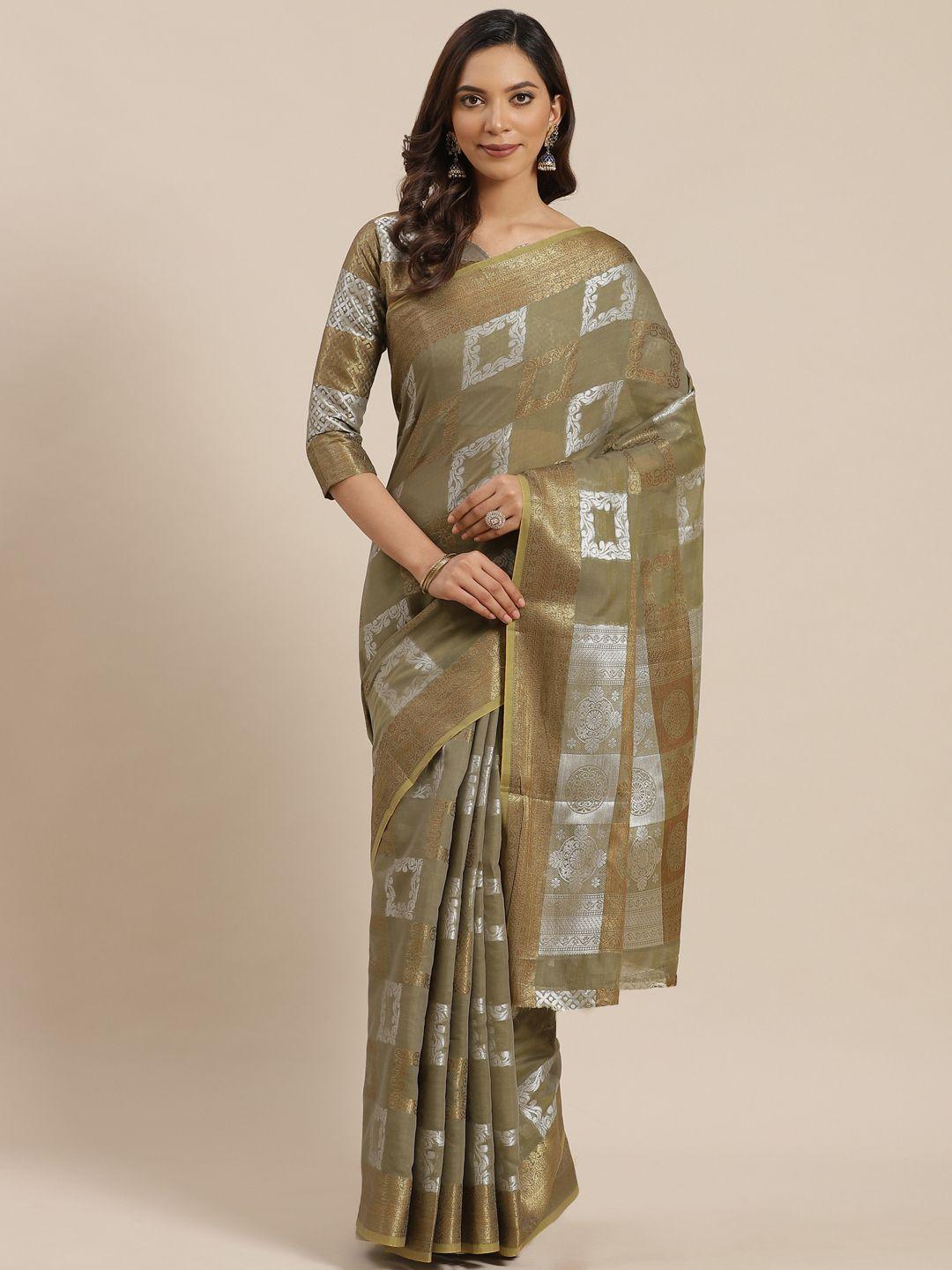 mitera olive green & silver zari woven design saree