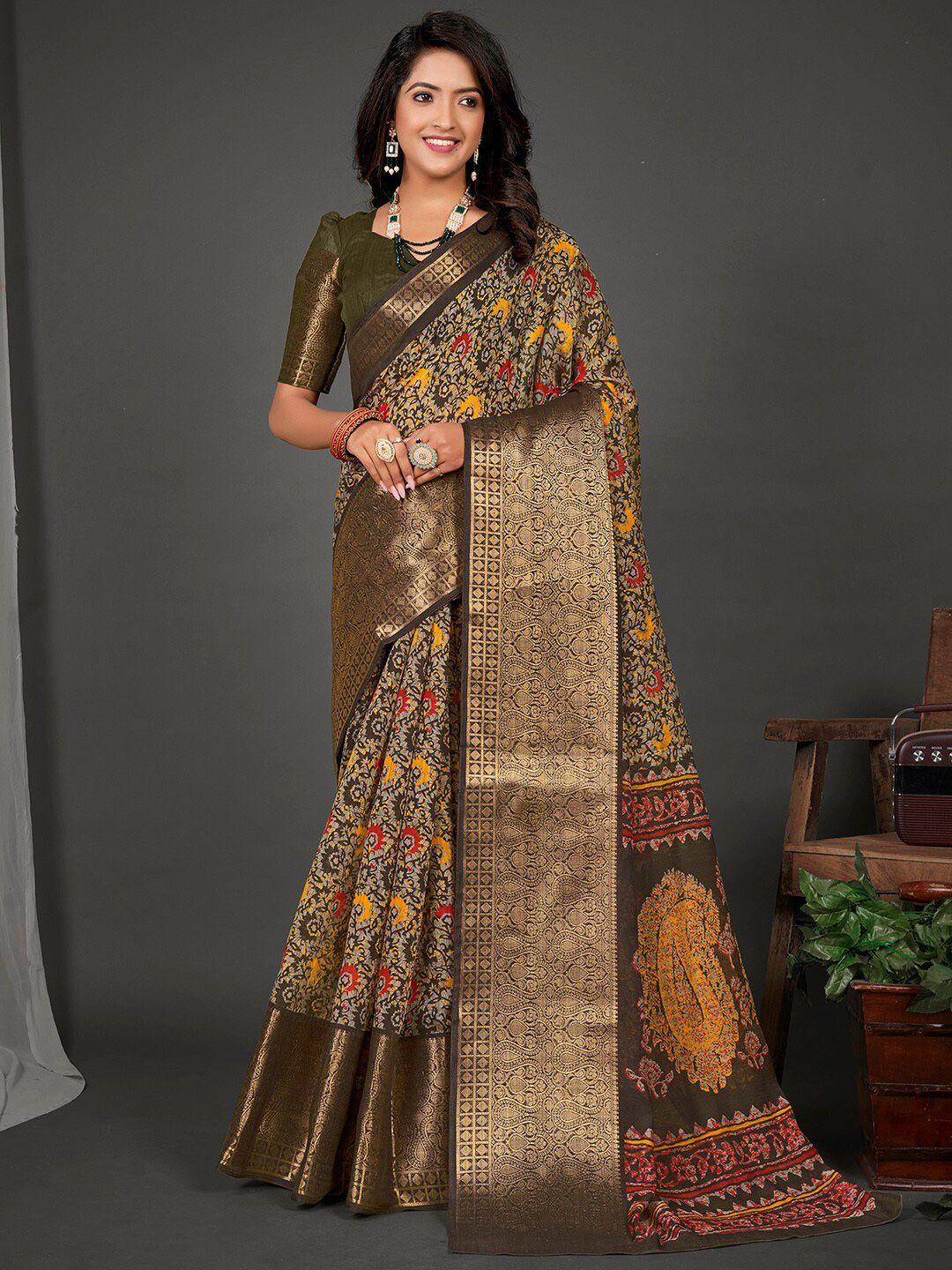 mitera olive green & yellow ethnic motifs printed zari sungudi saree