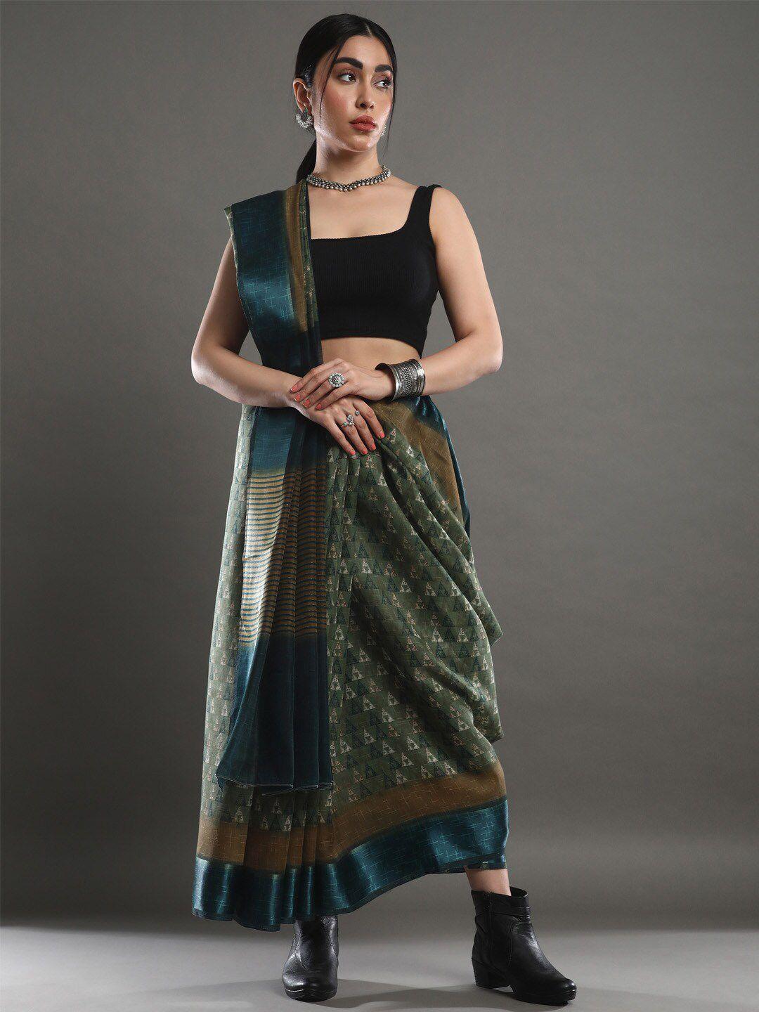 mitera olive green geometric printed pure linen saree