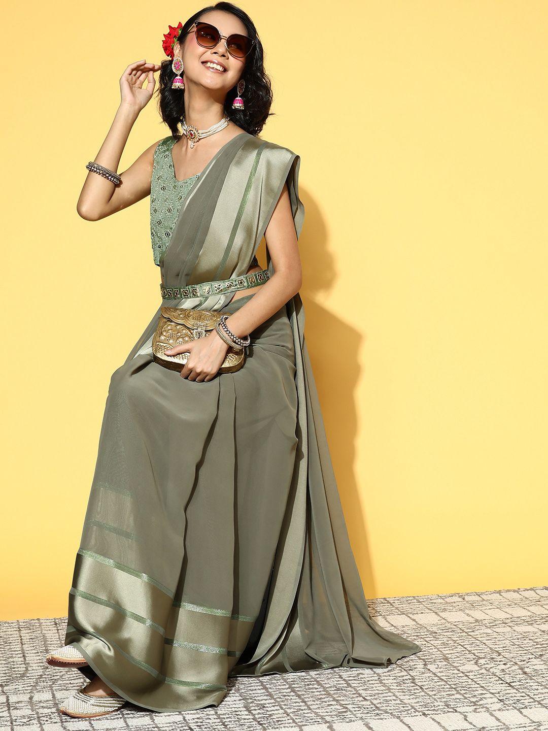 mitera olive green saree with zari border