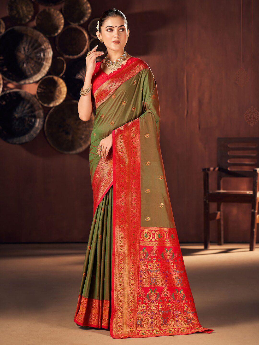 mitera olive green woven design zari silk blend designer paithani saree