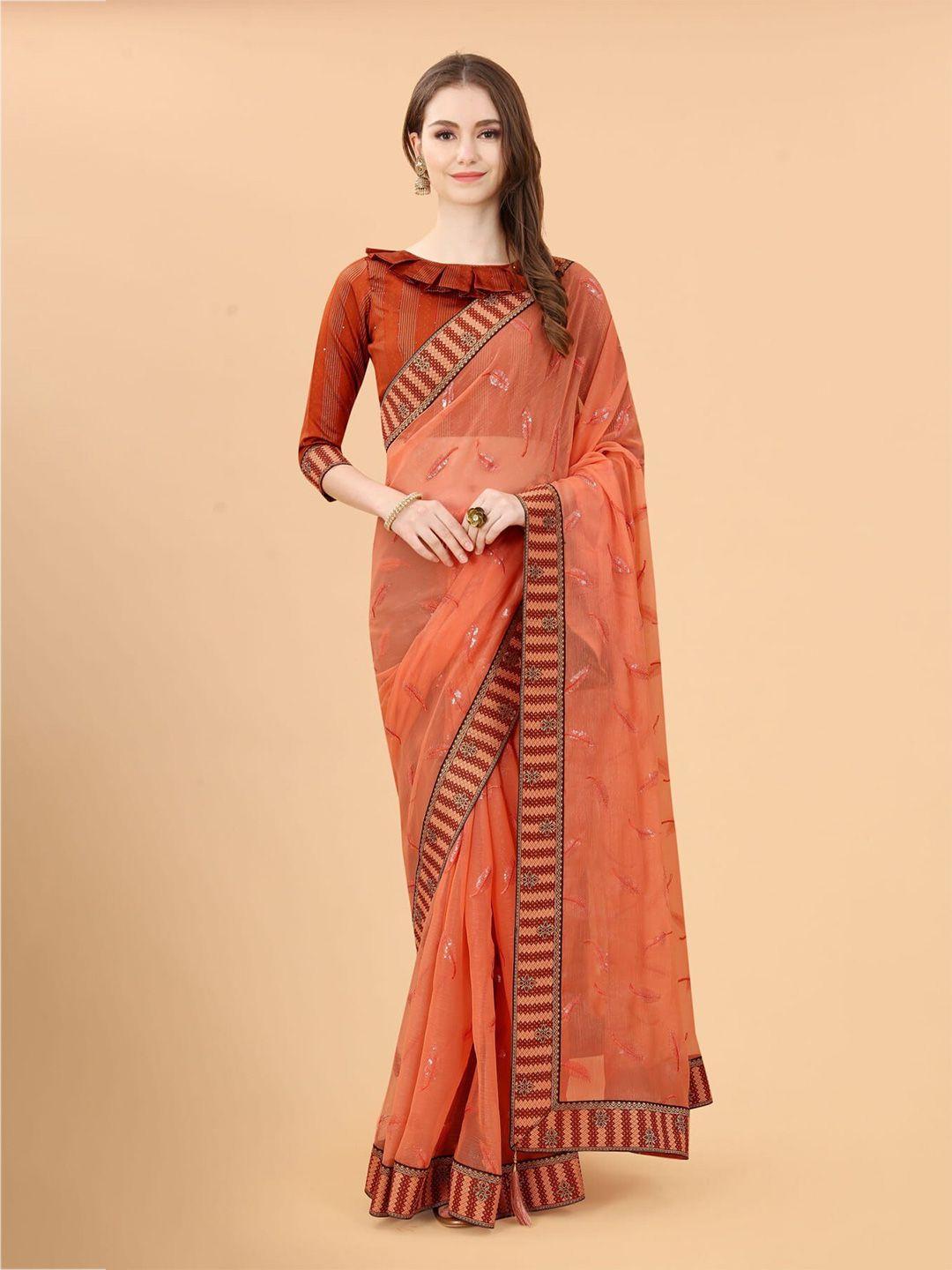 mitera orange & black ethnic motifs embroidered silk blend saree