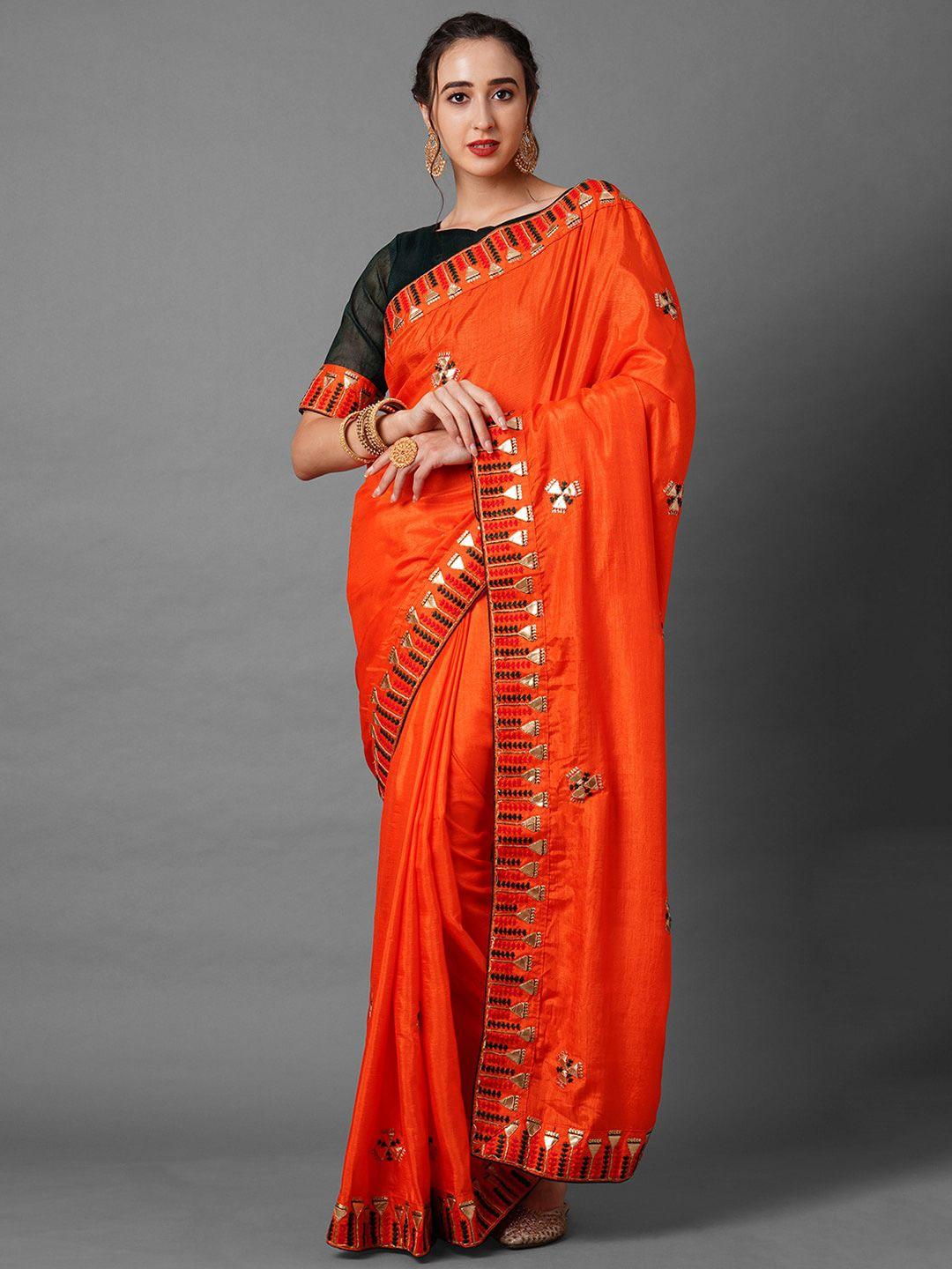 mitera orange & black floral embroidered silk blend saree