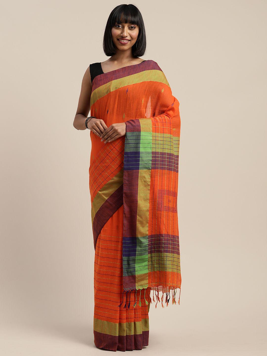 mitera orange & burgundy liva pure cotton striped handloom sustainable saree