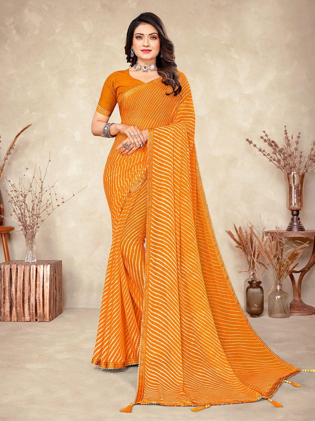 mitera orange & cream-coloured leheriya poly chiffon leheriya saree