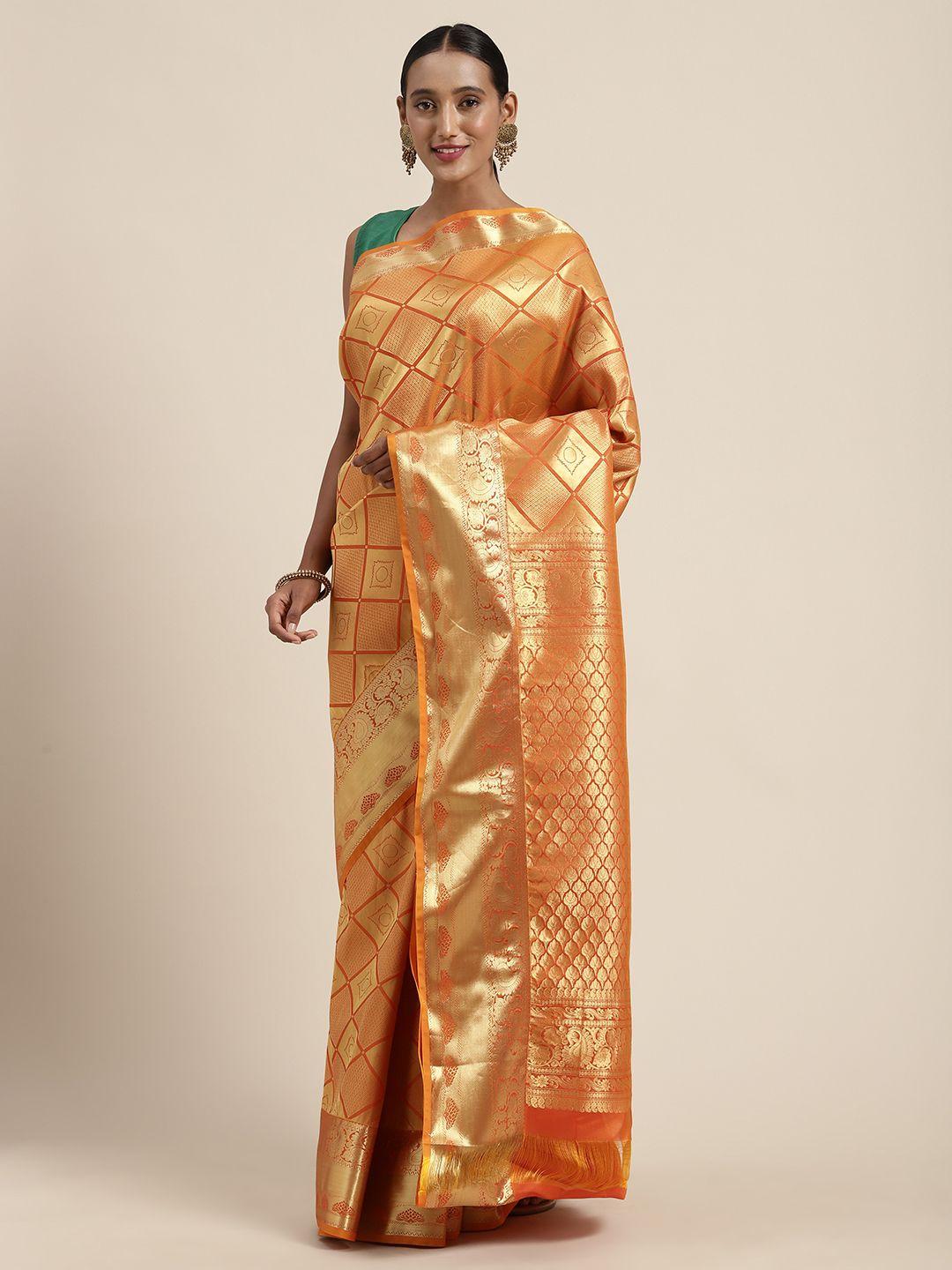 mitera orange & gold-coloured woven design kanjeevaram saree