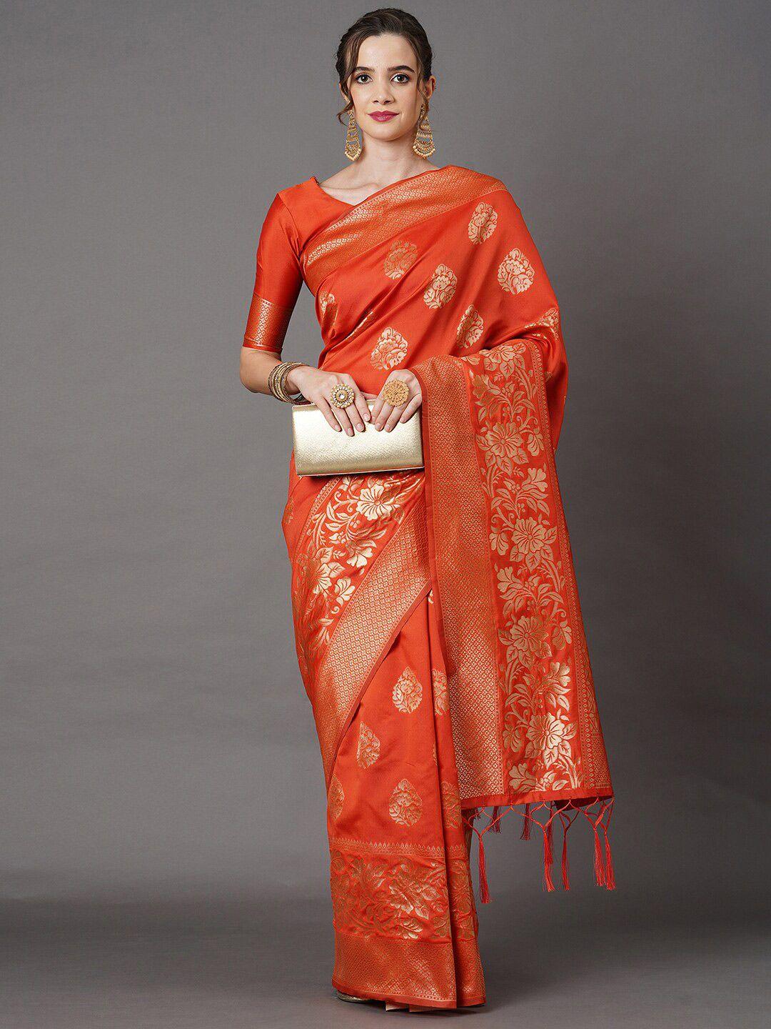 mitera orange & gold ethnic motifs silk blend banarasi saree