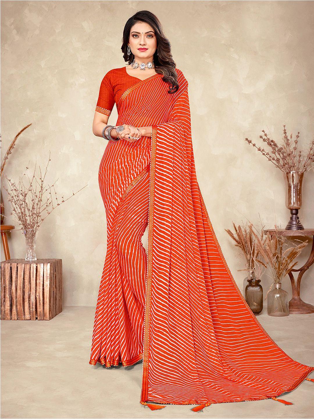 mitera orange & gold leheriya printed zari saree