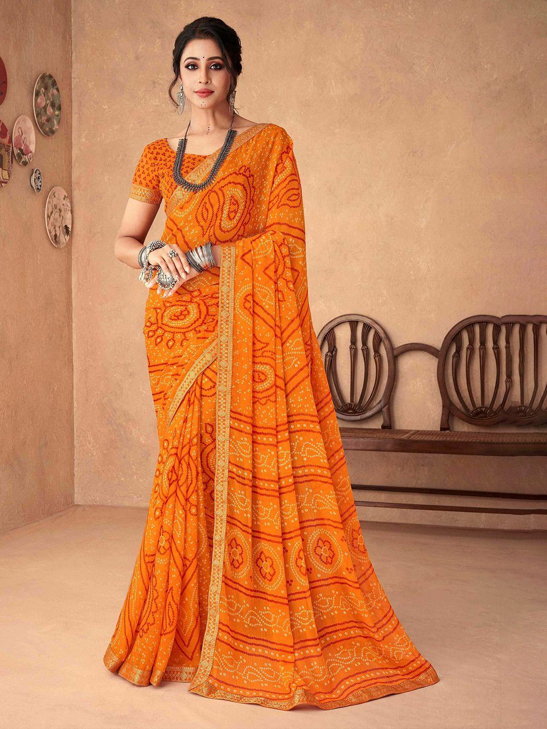 mitera orange & gold-toned bandhani printed saree