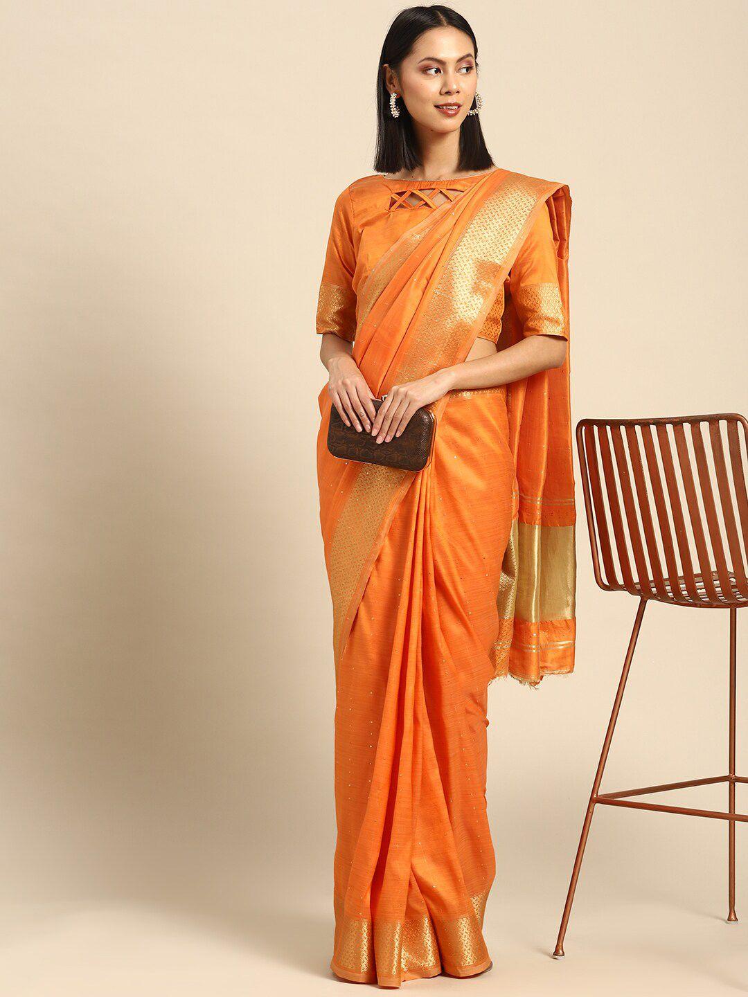 mitera orange & gold-toned embellished zari silk cotton saree