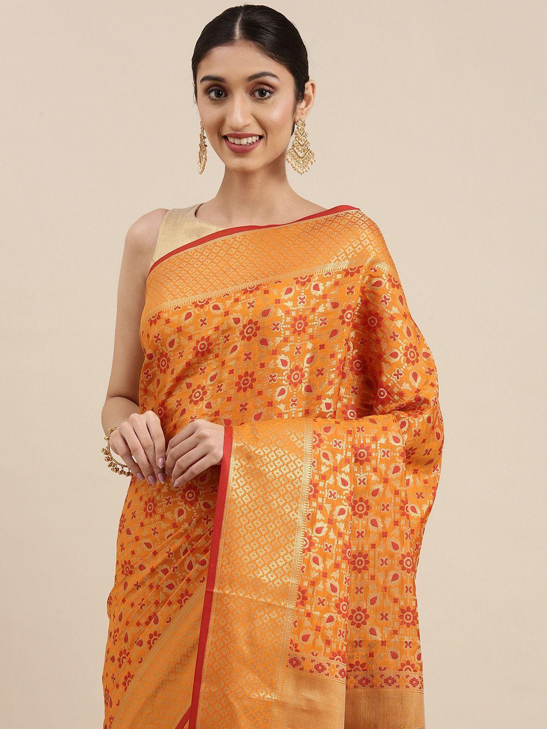 mitera orange & gold-toned ethnic motifs zari silk blend patola saree