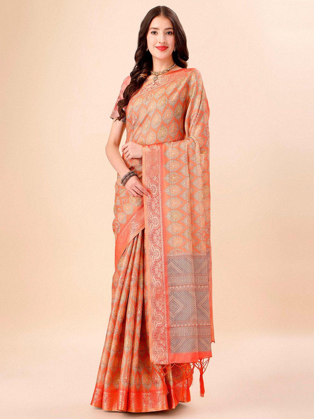 mitera orange & gold-toned ethnic motifs zari silk cotton kanjeevaram saree