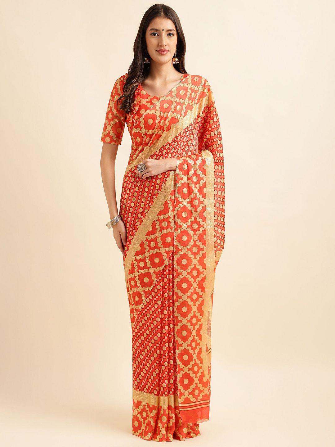 mitera orange & gold-toned geometric printed pure chiffon saree