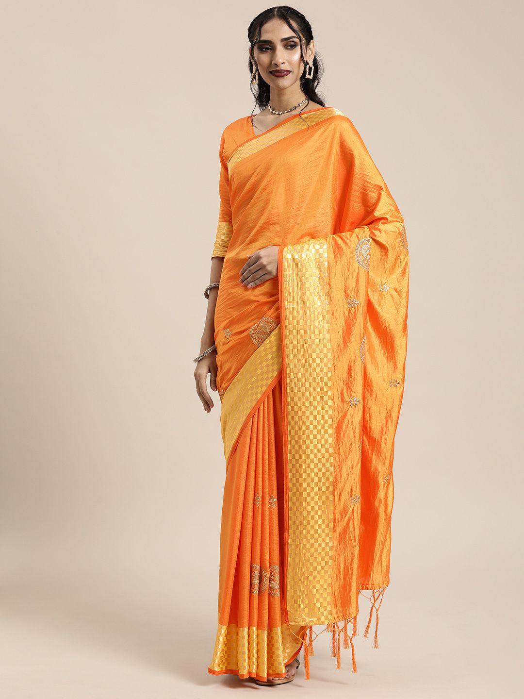 mitera orange & gold-toned silk blend embroidered kanjeevaram saree