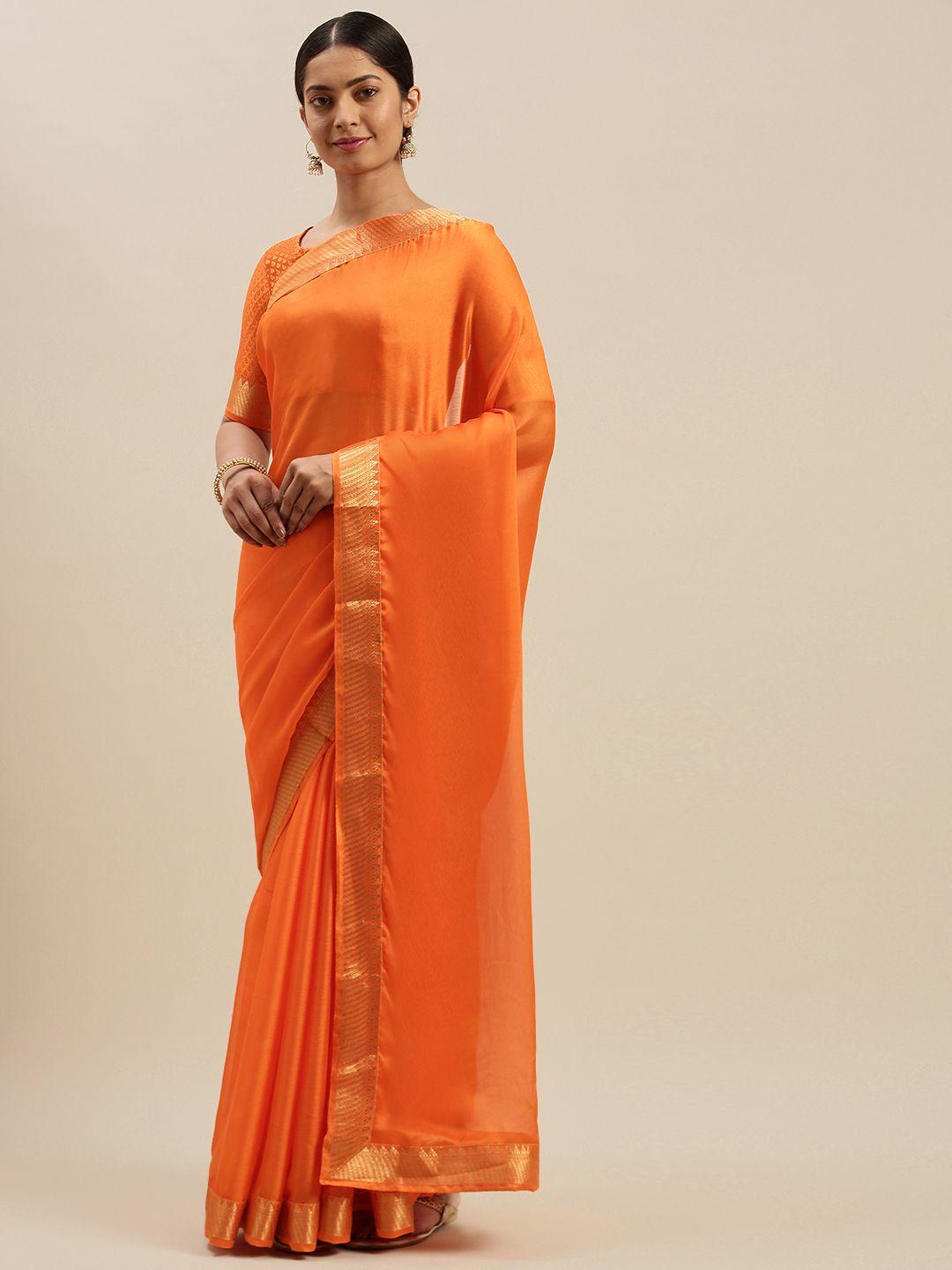 mitera orange & gold-toned solid saree