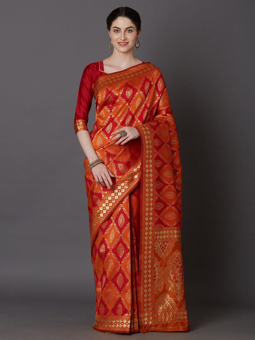 mitera orange & gold-toned zari art silk banarasi saree