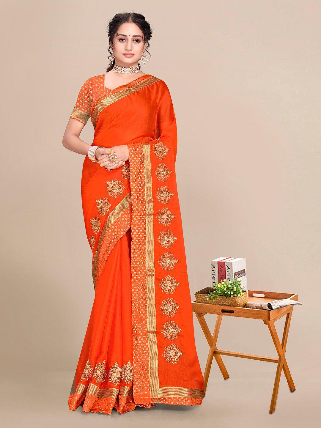 mitera orange & gold-toned zari pure chiffon saree