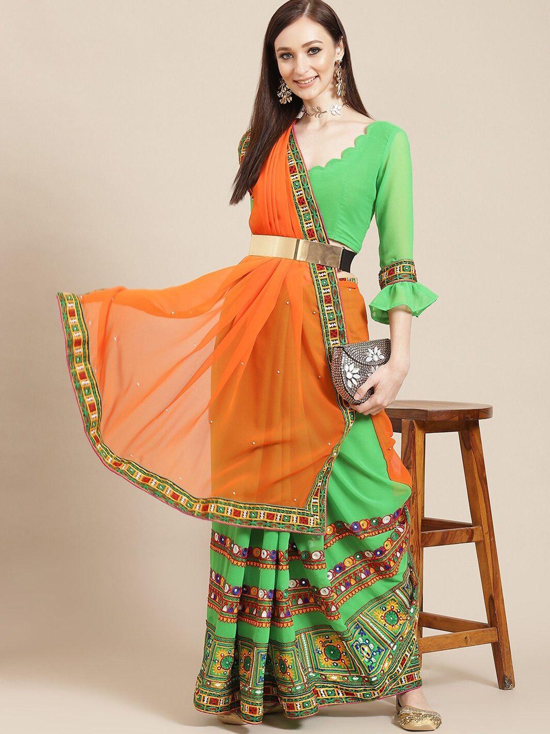 mitera orange & green embellished embroidered pure georgette half and half saree