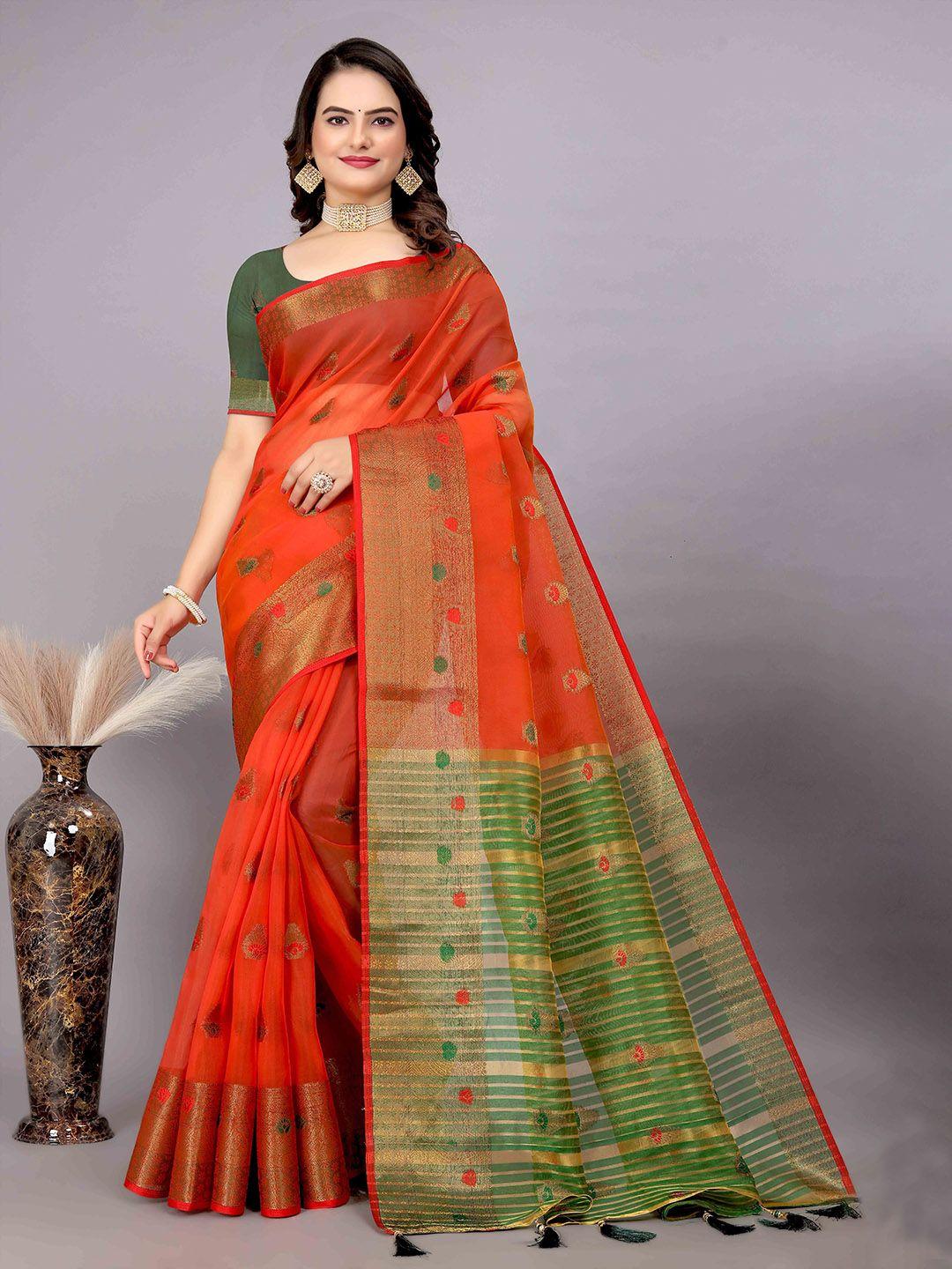 mitera orange & green ethnic motif woven design zari saree