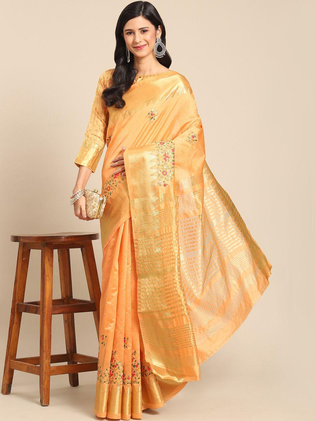 mitera orange & green floral embroidered silk cotton mysore silk saree