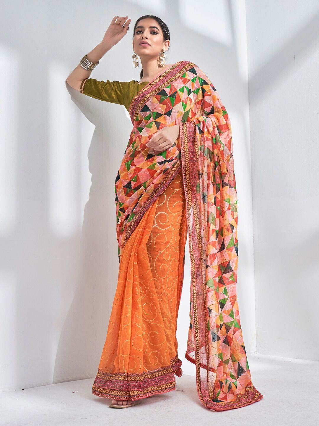 mitera orange & green geometric printed sequinned pure georgette half and half saree