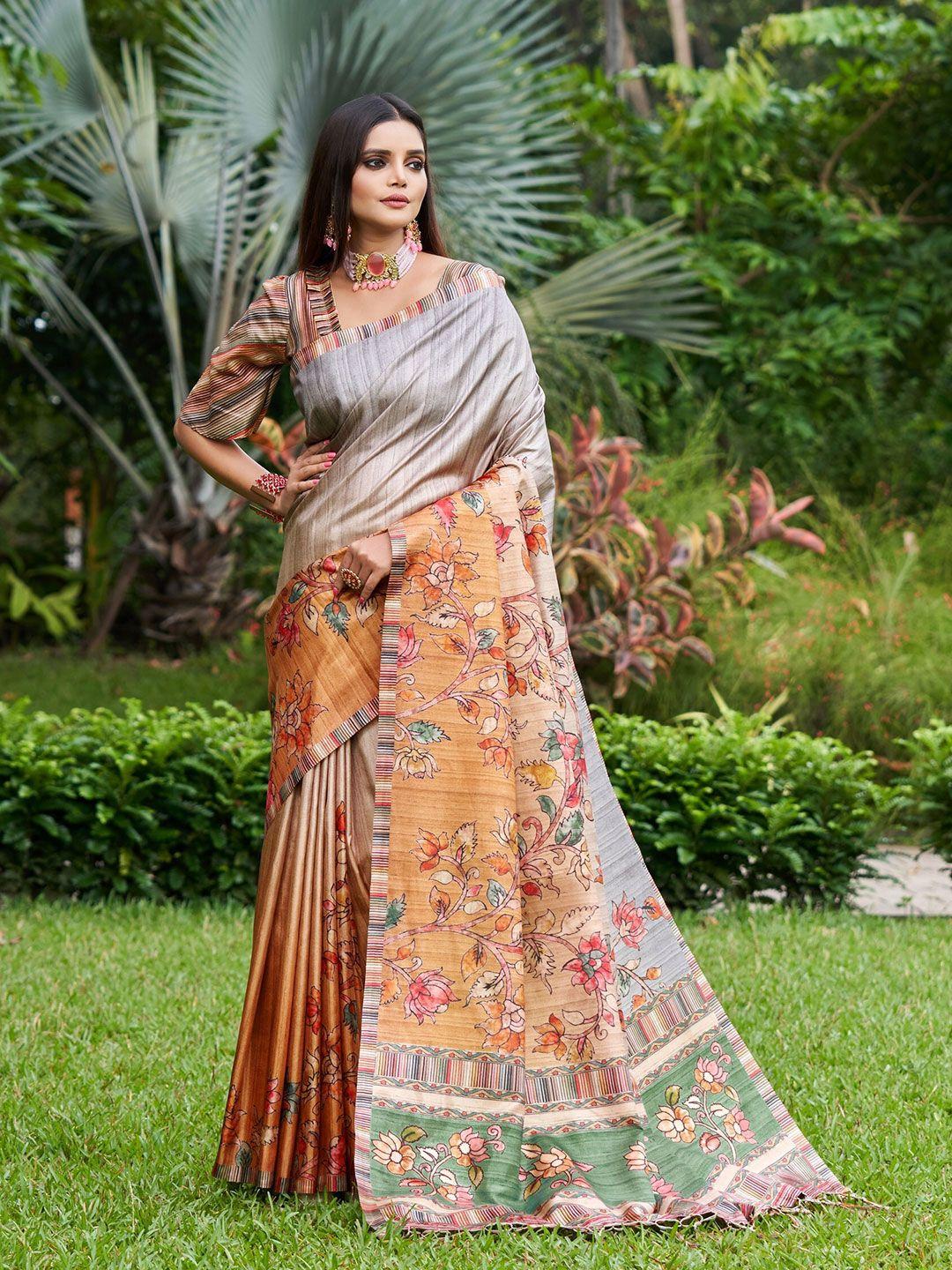 mitera orange & green kalamkari pure silk saree