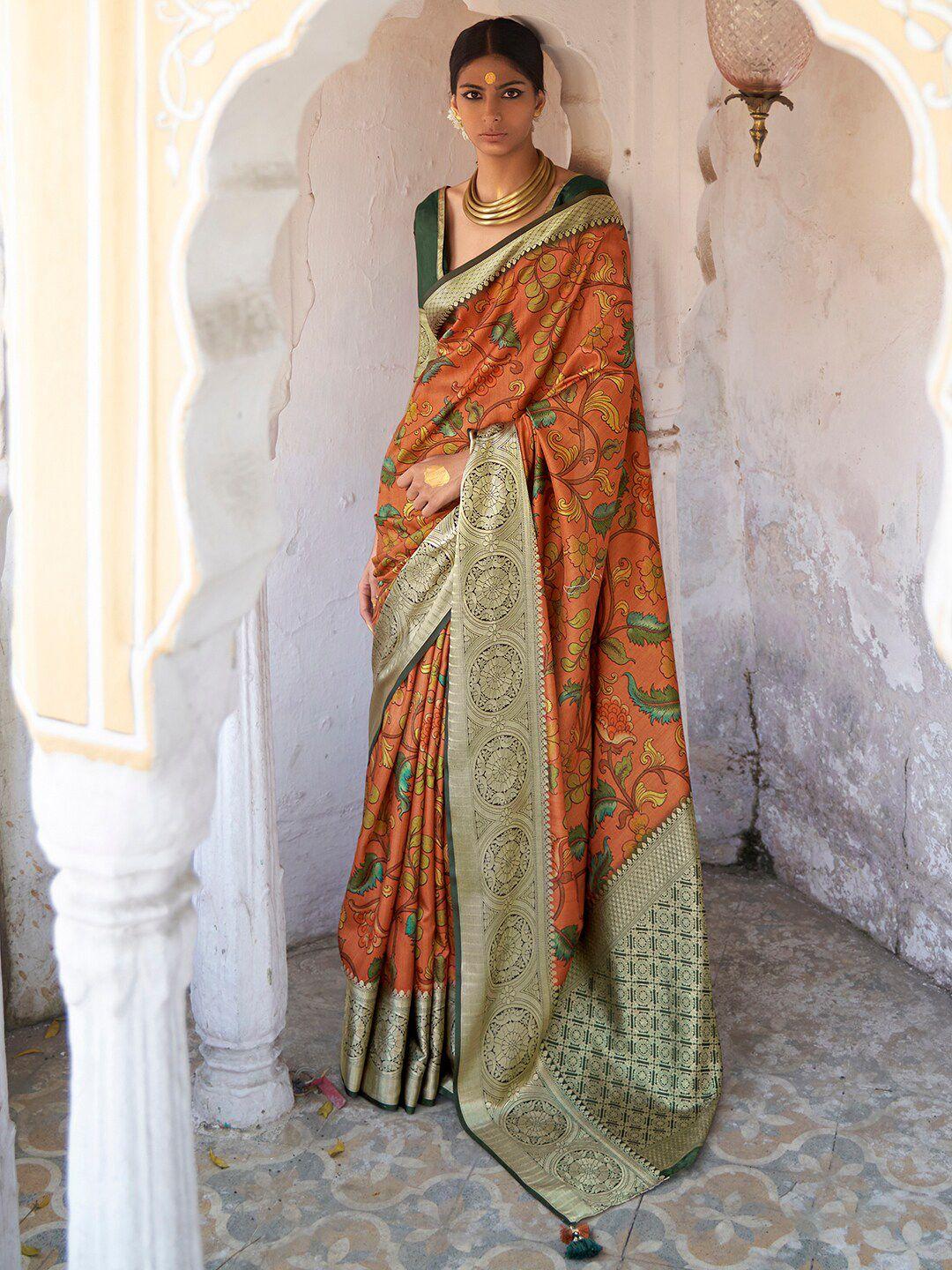 mitera orange & green kalamkari zari silk blend sungudi saree