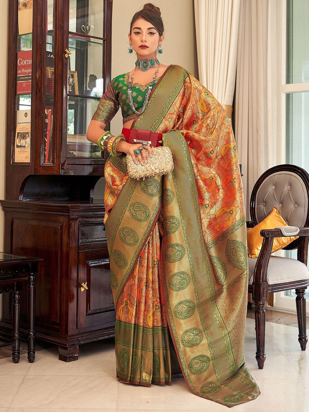 mitera orange & green woven design zari paithani saree