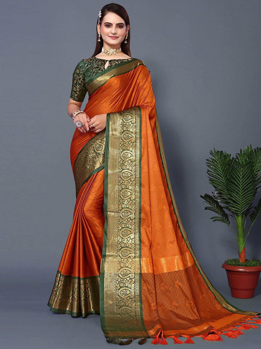 mitera orange & green woven design zari silk cotton saree