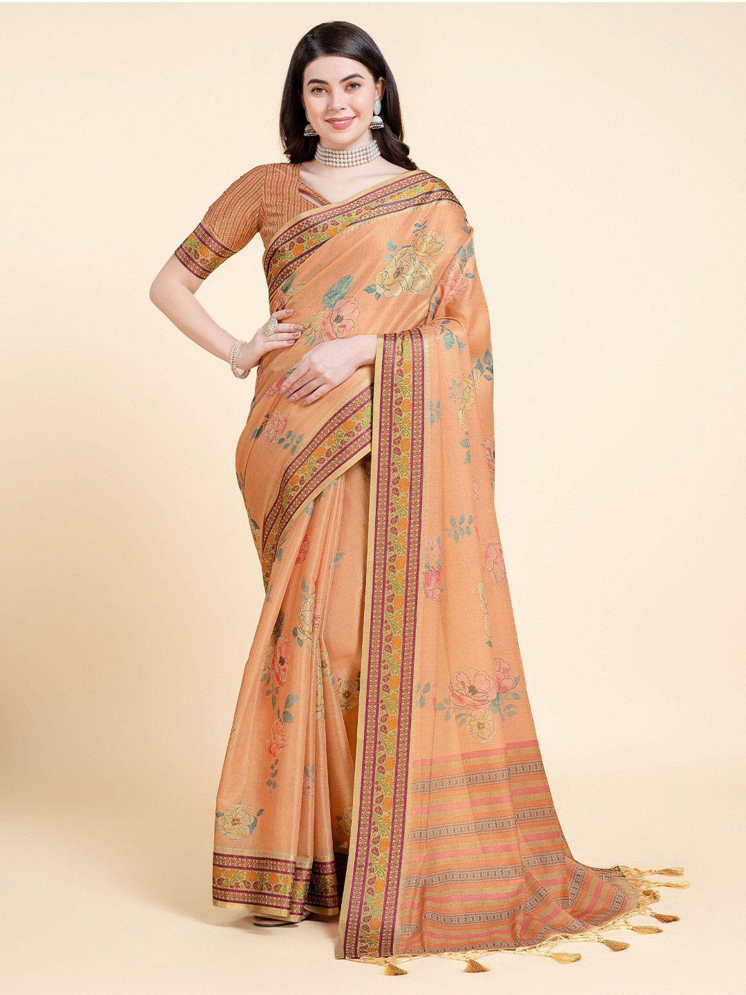 mitera orange & grey floral pure silk saree