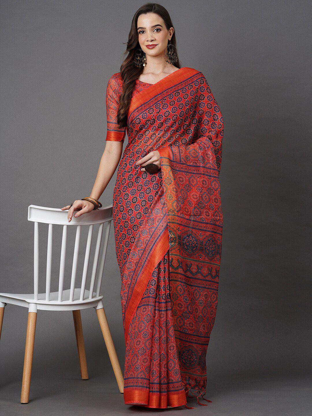 mitera orange & navy blue floral linen blend saree