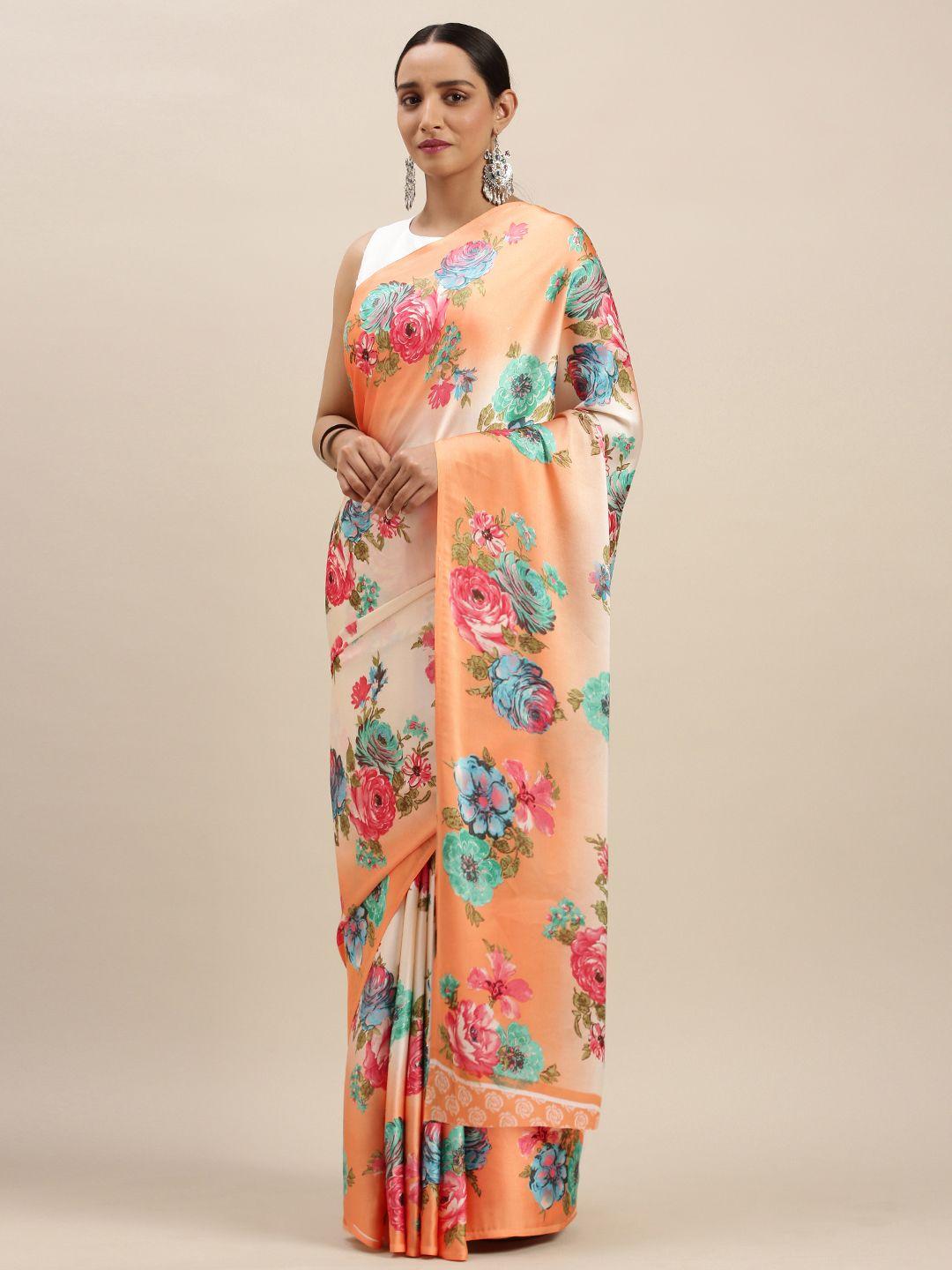 mitera orange & off-white satin floral printed saree