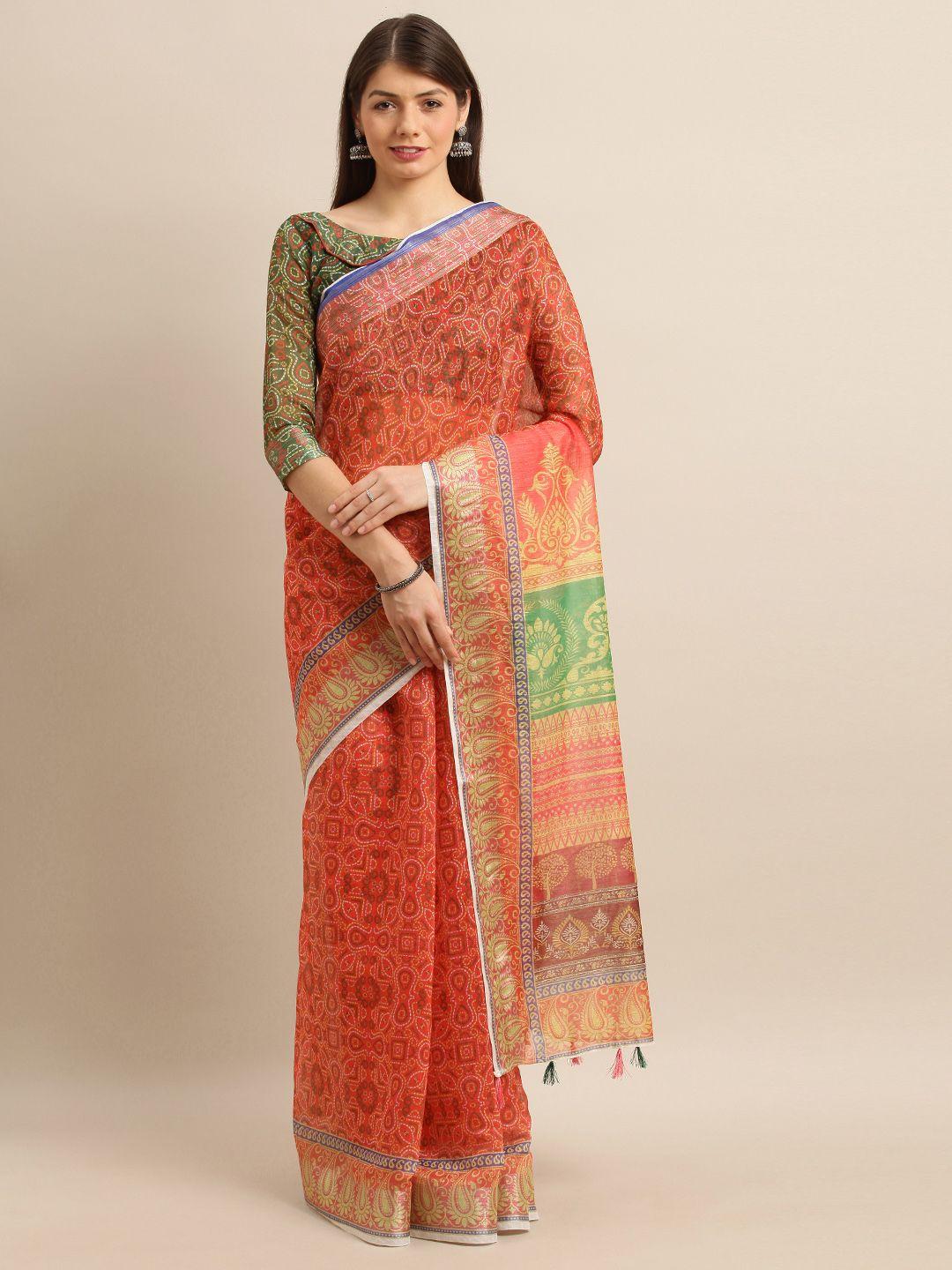 mitera orange & olive green cotton blend printed bandhani saree