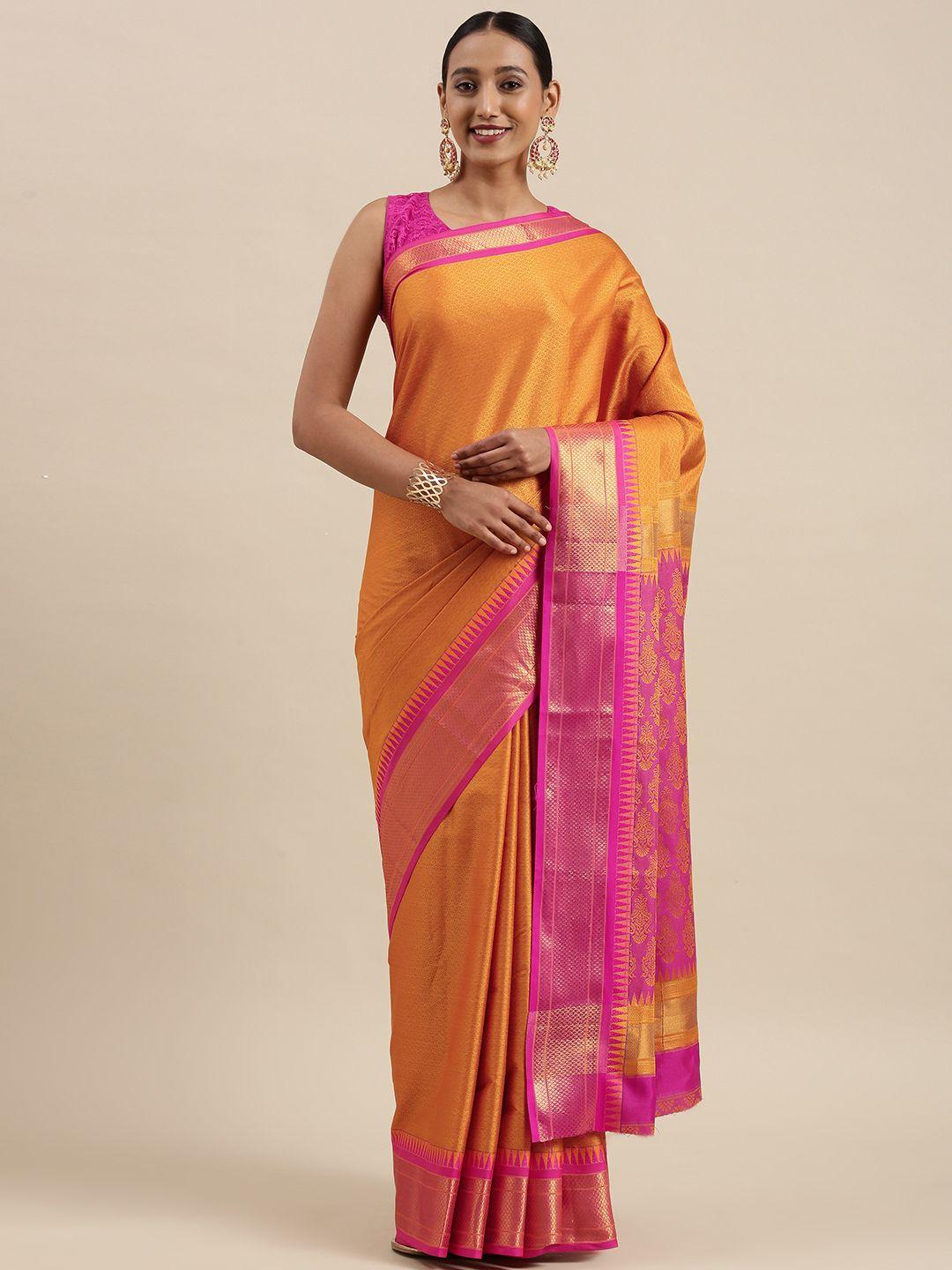 mitera orange & pink ethnic motif woven design saree