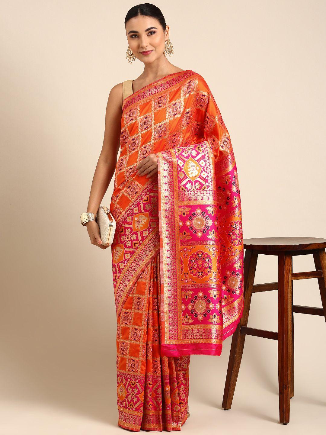 mitera orange & pink ethnic motifs zari silk blend banarasi saree