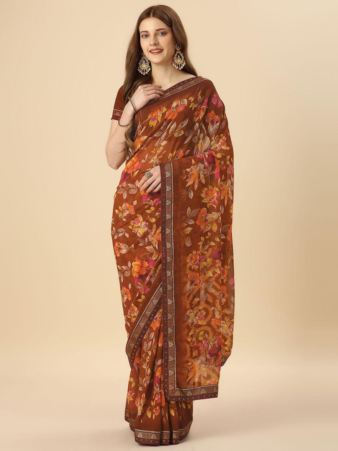 mitera orange & pink floral printed beads & stone zari pure georgette saree